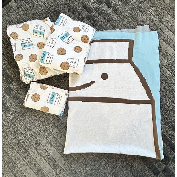Land Of Nod Milk + Cookies Twin Size 4pc Bedding Set‎ 100% Organic Cotton - Picture 1 of 7